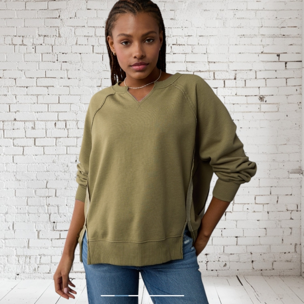 AE Green Olive Reverse Crew Neck Oversized Sweatshirt Sz Med